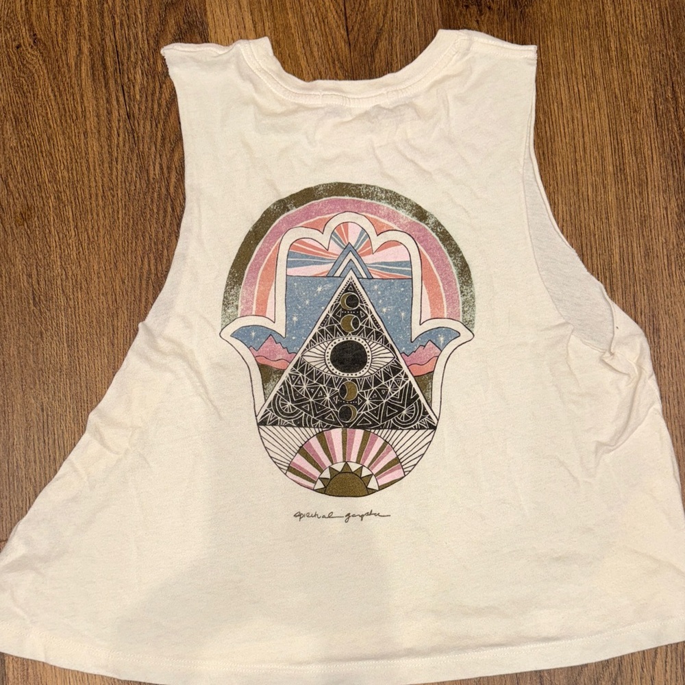 Spiritual Gangster White Tank with Colorful Graphic Hamsa